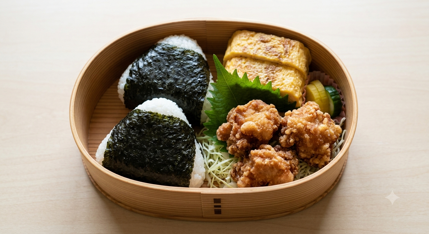 karaage, onigiri, omelette japonaise